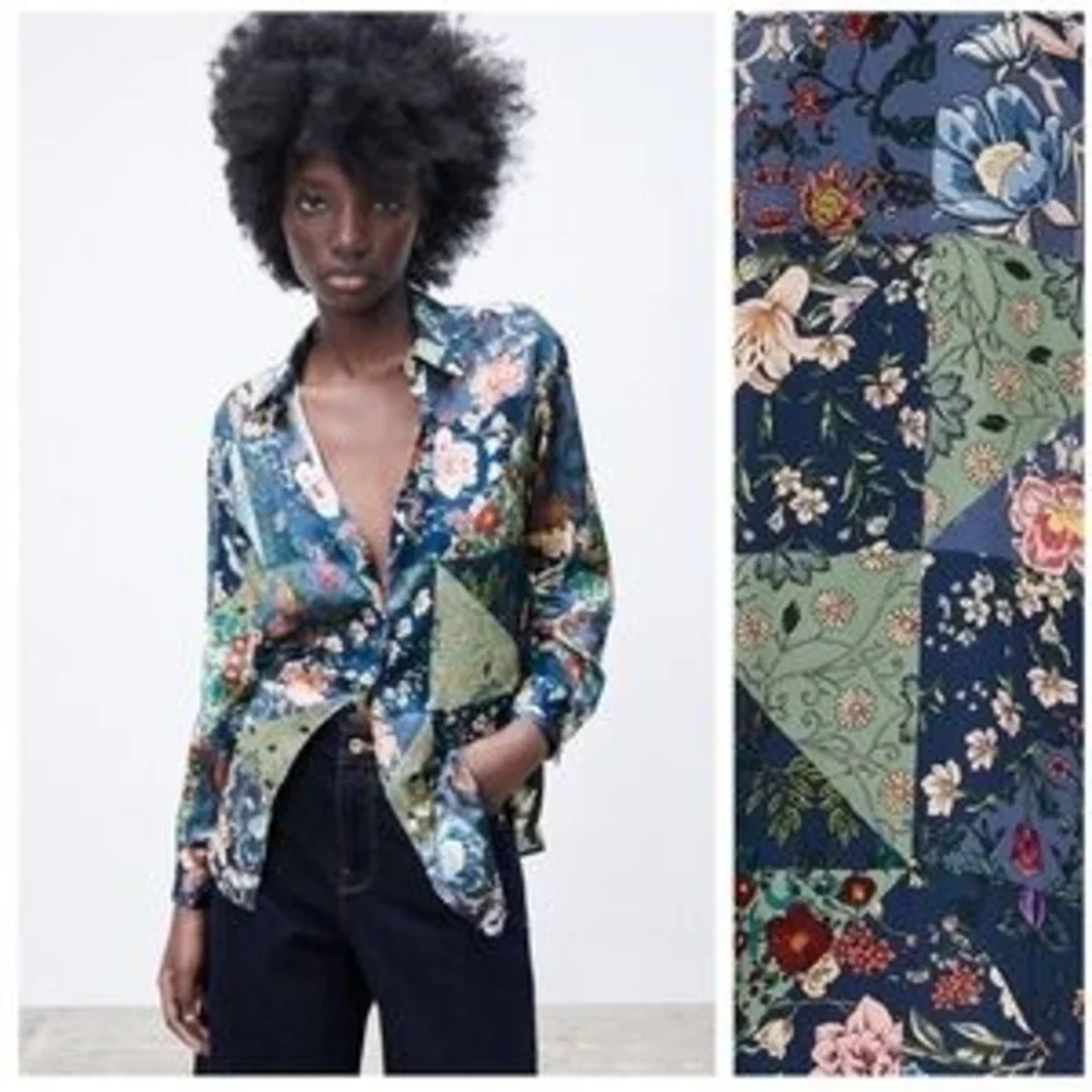 Zara NWT Floral Patchwork Blouse - Blue and Green Size XXL - Picture 1 of 4